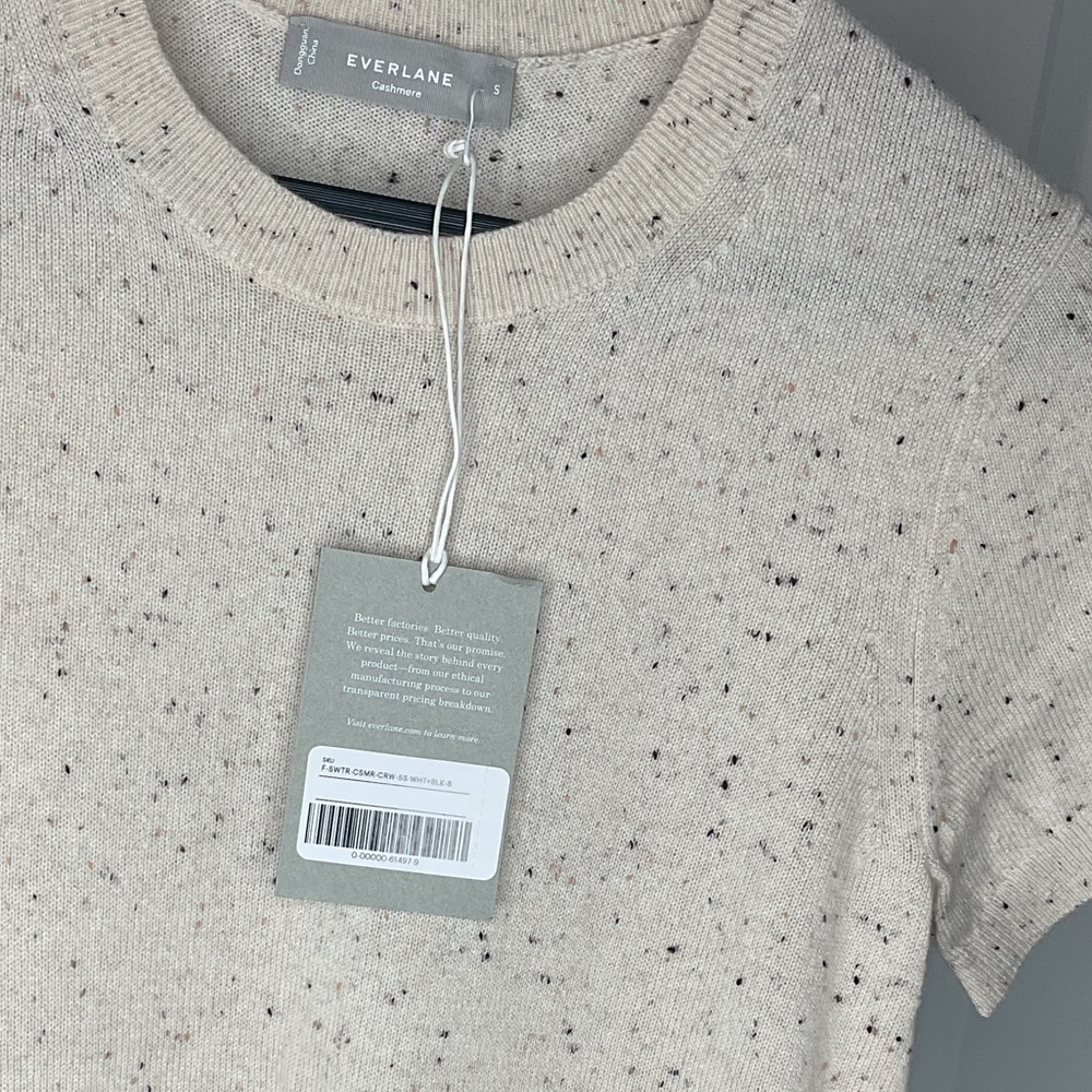 Everlane Cashmere Short Sleeve Sweater, Bone with Black and Peach Confetti, S - Picture 4 of 8